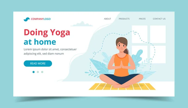 Yoga zu Hause Vorlage. Frau macht Yoga mit Blättern im Hintergrund — Stockfoto