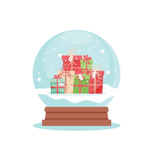 Noel hediyeli kar küresi, düz stil vektör illüstrasyonu — Stok Vektör