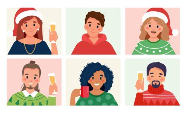 Noel partisi çevrimiçi. Noel 'de video konferansı yoluyla toplanan bir grup insan.