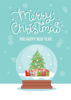 Süslü Noel ağacı olan kar küresi, düz stil vektör illüstrasyonu