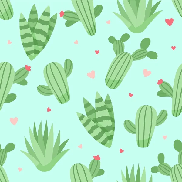 Cactus bonito e suculentas padrão, ilustração vetorial em estilo plano — Vetor de Stock