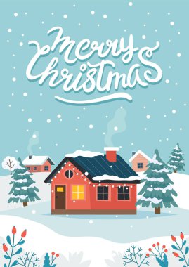 Güzel bir evi ve yazıları olan Noel tebrik kartı.