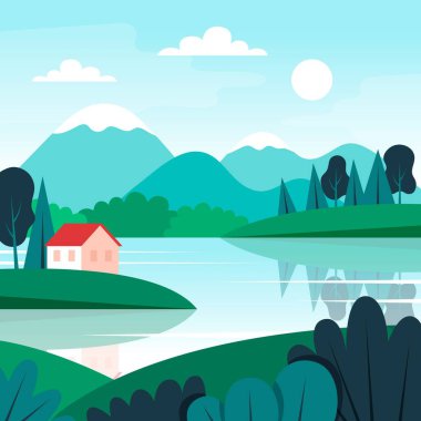 Küçük evi, gölü ve dağları olan şirin bir manzara. Düz biçimli vektör illüstrasyonu