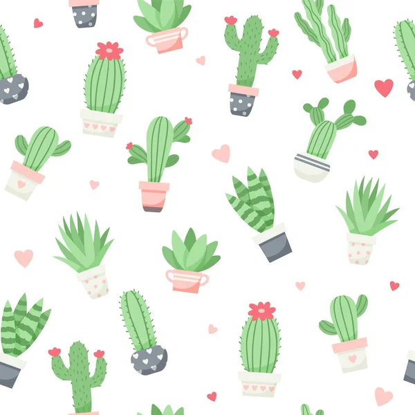 Cactus bonito e suculentas padrão, ilustração vetorial em estilo plano — Vetor de Stock