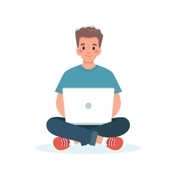 Uomo con un computer portatile di lavoro, studente o concetto di lavoro a distanza — Vettoriale Stock