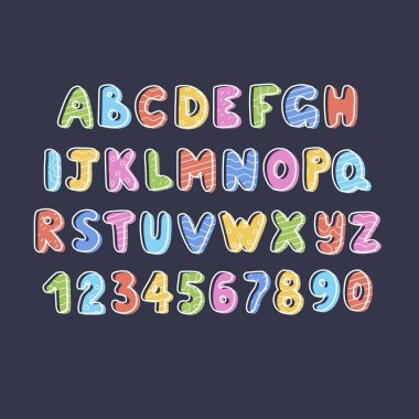 El çizimi alfabe, harfler ve sayılar, vektör illüstrasyonu