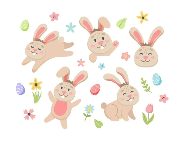 Lapin de Pâques avec de jolies fleurs et des œufs. Éléments de dessin animé plat dessinés à la main. Illustration vectorielle — Image vectorielle