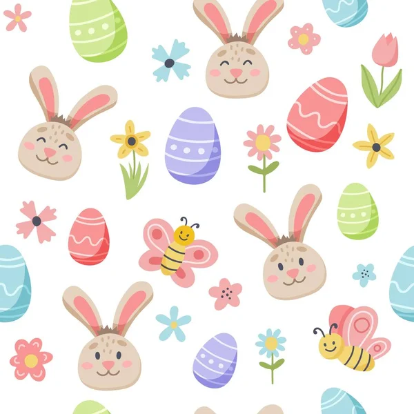 Patrón de primavera de Pascua con conejito lindo y huevos decorados. Elementos planos dibujados a mano. Ilustración vectorial — Archivo Imágenes Vectoriales