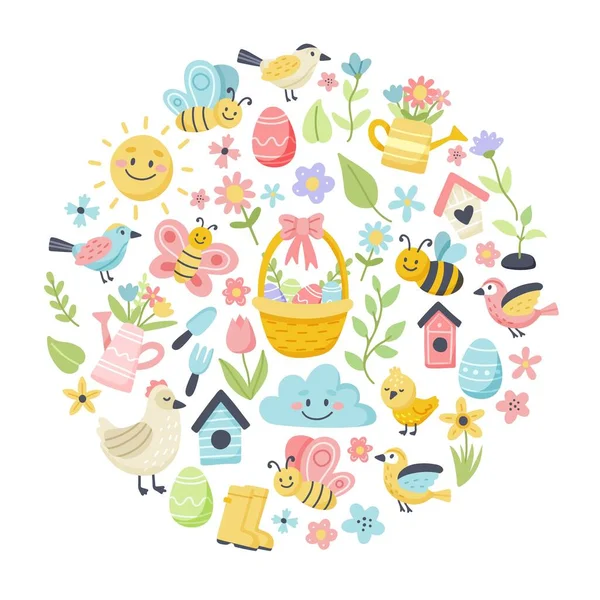 Easter spring set with cute eggs, birds, bees, butterflies. Hand drawn flat cartoon elements in circular frame. Vector illustration — Stock Vector