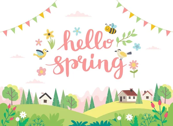 Olá cartão de primavera com letras e paisagem bonito. Desenhos animados planos desenhados à mão. Ilustração vetorial — Vetor de Stock