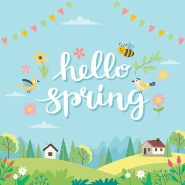 Harfli ve şirin manzaralı merhaba bahar kartı. El çizimi düz çizgi film. Vektör illüstrasyonu