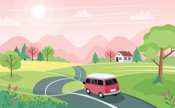 봄의 도로 여행. 길 위에 귀여운 차가 있는 풍경. 평평 한 형태의 벡터 삽화 — 스톡 벡터