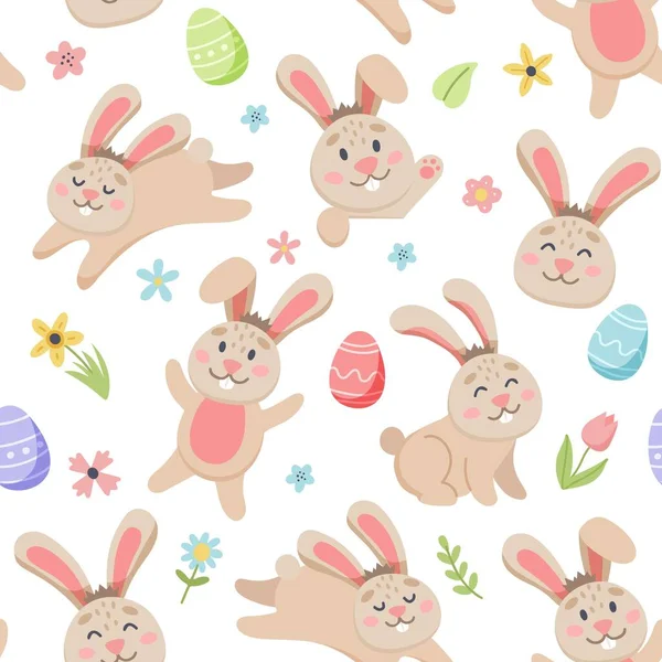 Patrón de primavera de Pascua con lindos conejitos, huevos, aves, abejas, mariposas. Elementos planos dibujados a mano. ilustración —  Fotos de Stock