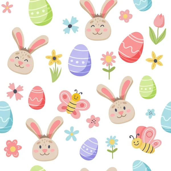 Padrão de primavera de Páscoa com coelho bonito e ovos decorados. Elementos de desenhos animados planos desenhados à mão. Ilustração — Fotografia de Stock