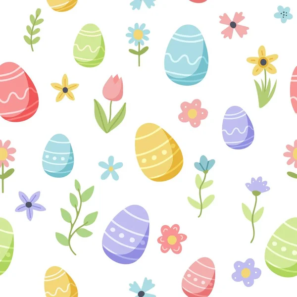 Patrón de primavera de Pascua con lindos huevos y flores. Elementos planos dibujados a mano. ilustración —  Fotos de Stock