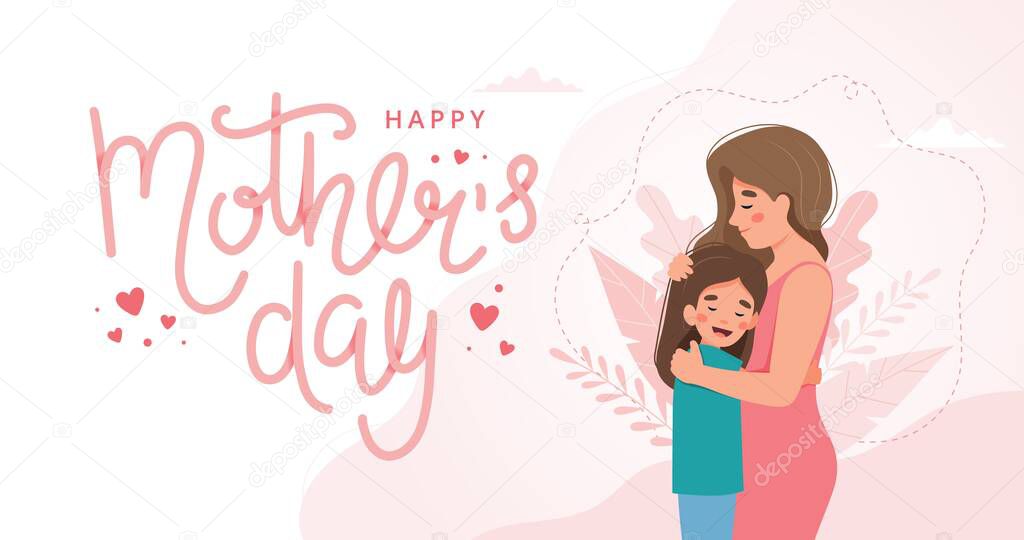 Mother s day greeting card. Mother and child hugging and lettering. Vector illustration concept in flat style