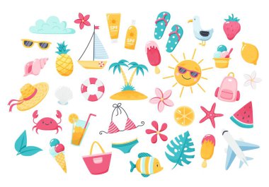 Şirin plaj elementleri olan yaz seti: bikini, parmak arası terlik, meyve, çiçek, palmiye ağaçları. El çizimi düz çizgi film elemanları. Vektör illüstrasyonu