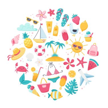 Sevimli plaj elemanları bikini, parmak arası terlik, meyve, çiçek ve palmiye ağaçları olan bir yaz seti. El çizimi düz çizgi film elemanları. Vektör illüstrasyonu