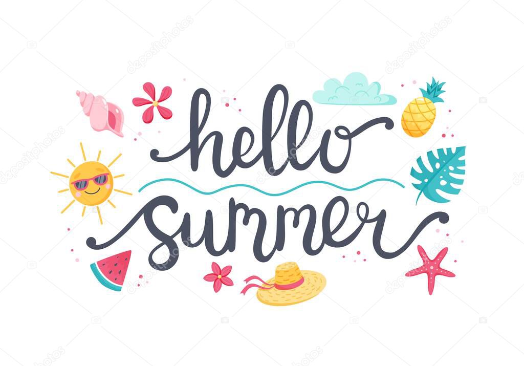 Summer lettering and cute beach elements sun, flowers, seashell, fruits. Hand drawn flat cartoon elements. Vector illustration