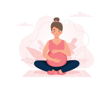 Yoga yapan hamile bir kadın. Hamilelik sağlığı, meditasyon konsepti. Vektör illüstrasyonu.