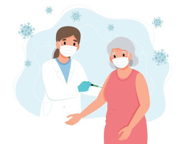 Yaşlı, yaşlı kadın ve şırıngalı bir doktor için aşı. Çizgi film tarzında vektör illüstrasyonunu kavra