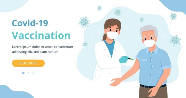 Yaşlı, yaşlı bir adam ve şırıngalı bir doktor için aşı. Banner web sayfası şablon çizimi düz çizgi film tarzında — Stok Vektör