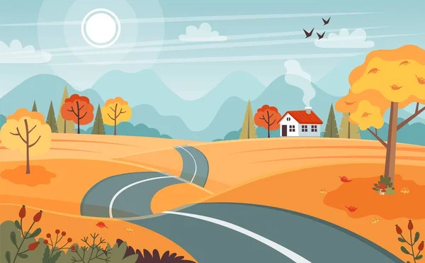 Podzimní cesta. Krajina s horami a kopci. Vektorová ilustrace v plochém stylu — Stockový vektor