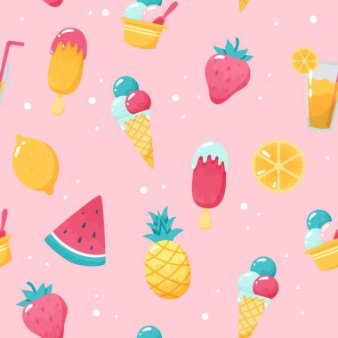 Yaz dondurması ve meyve deseni. Tatlı karpuz, ananas, limon, dondurma. El çizimi düz çizgi film elemanları. Vektör illüstrasyonu