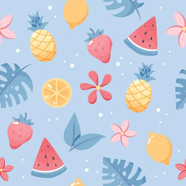Patrón de frutas de verano. Lindo sandía, piña, limón, hojas. Elementos planos dibujados a mano. Ilustración vectorial — Vector de stock