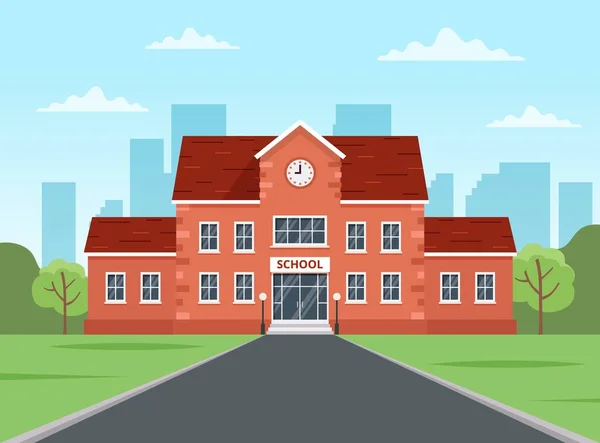 Edificio escolar. Volver al concepto de la escuela, lindo vector colorido ilustración en estilo plano — Vector de stock