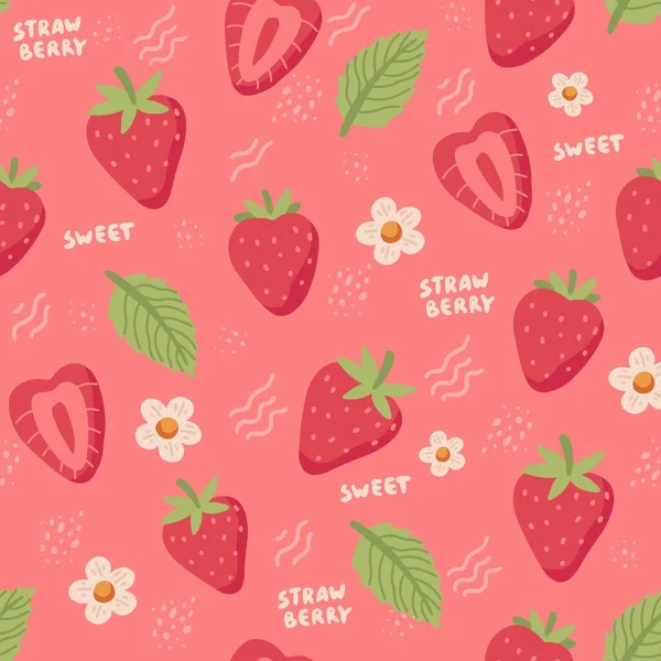 Jordgubbshanddraget sömlöst mönster. Söta färgglada jordgubbar med blommor och blad i doodle stil, vektor illustration — Stock vektor