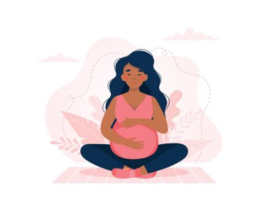 Yoga yapan hamile bir kadın. Hamilelik sağlığı, meditasyon konsepti. Vektör illüstrasyonu.
