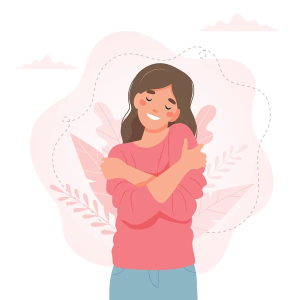 Self love concept, vrouw knuffelen zichzelf, vector illustratie in platte stijl — Stockvector