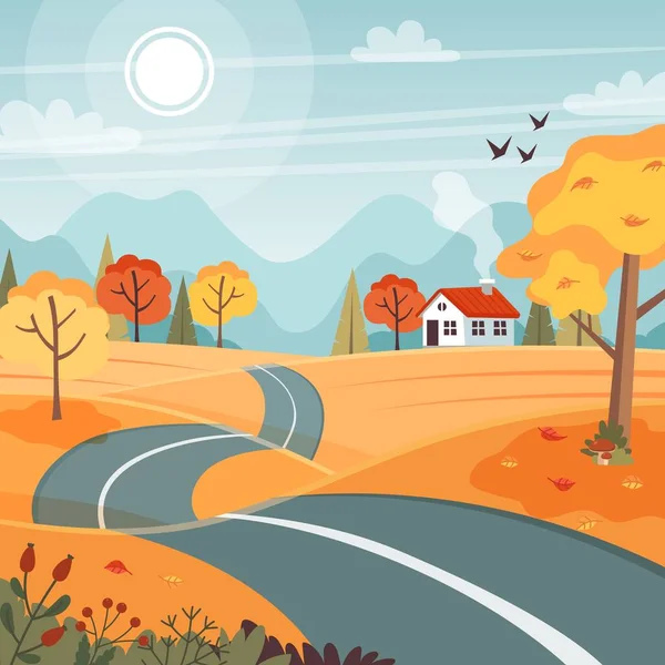 Autumn road. Landscape with mountains and hills. Vector illustration in flat style — 스톡 벡터