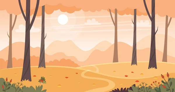 Őszi táj fákkal, mezőkkel és hegyekkel. Vidéki táj. Vektor illusztráció lapos stílusban — Stock Vector