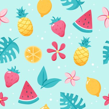 Yaz meyveleri. Tatlı karpuz, ananas, limon, yapraklar. El çizimi düz çizgi film elemanları. resimleme