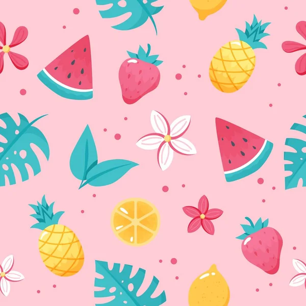 Modèle de fruits d'été. Jolie pastèque, ananas, citron, feuilles. Éléments de dessin animé plat dessinés à la main. illustration — Photo