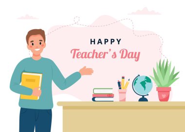 Teachers day concept. Teacher in classroom. Cute vector illustration in flat cartoon style
