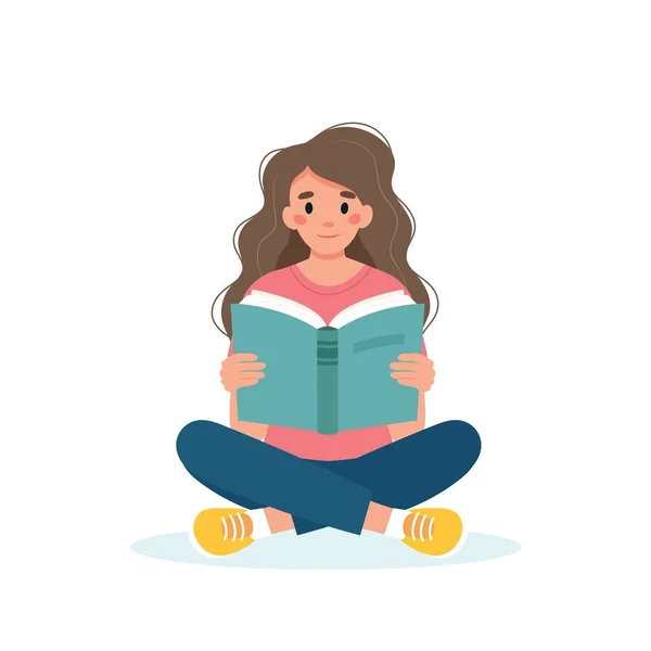 Mujer leyendo libro mientras está sentada. Concepto del día de aprendizaje y alfabetización. Lindo vector de ilustración en estilo plano de dibujos animados — Archivo Imágenes Vectoriales