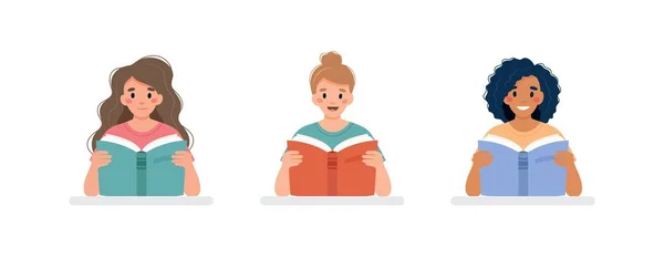 Set of threen women reading book at a desk. Learning and literacy day concept. Cute vector illustration in flat cartoon style — Wektor stockowy