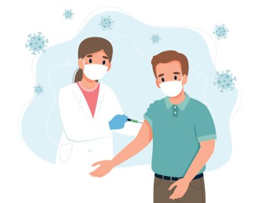 Coronavirus aşısı, bir adam ve şırıngalı bir doktor. Çizgi film tarzında vektör illüstrasyonunu kavra