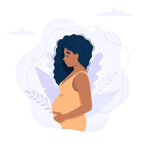 Mujer embarazada negro concepto vector ilustración en lindo estilo de dibujos animados, cuidado de la salud, embarazo — Vector de stock