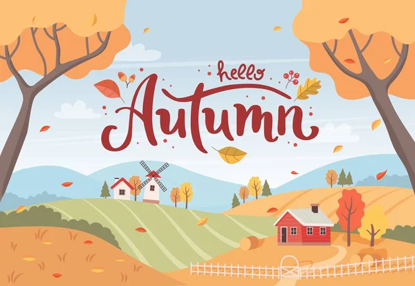 Осенний сельский пейзаж с нарисованными вручную надписями. Деревенский пейзаж с домами и ветряной мельницей. Векторная иллюстрация в плоском стиле — стоковый вектор