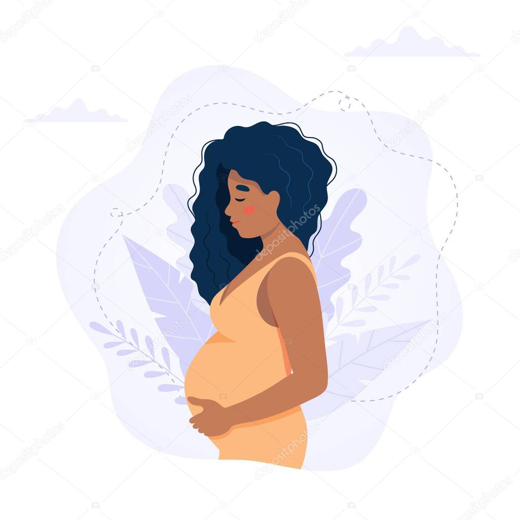 Pregnant black woman concept vector illustration in cute cartoon style, healthcare, pregnancy