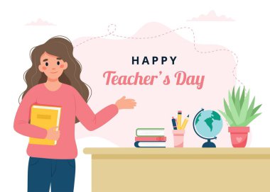 Teachers day concept. Female teacher in classroom. School and learning. Cute vector illustration in flat cartoon style