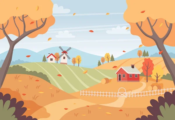 나무, 들판, 집, 풍차가 있는 가을 풍경. 시골 풍경이야. 평평 한 형태의 벡터 삽화 — 스톡 벡터