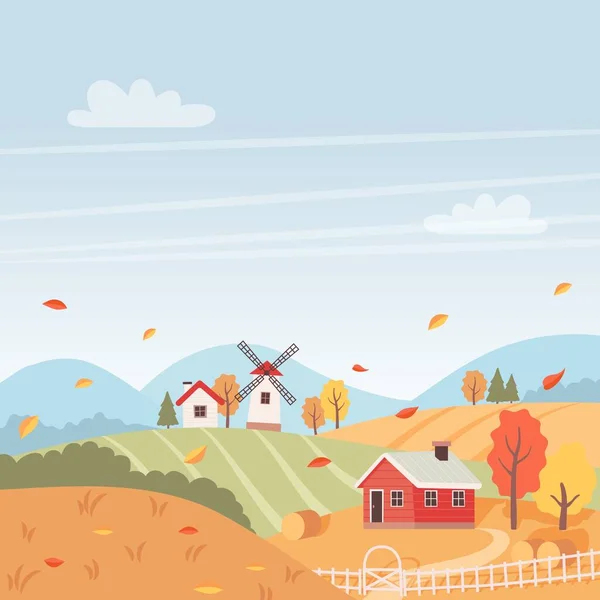 Peisaj de toamnă cu case, copaci, câmpuri și moară de vânt. Peisaj rural. Ilustrație vectorială în stil plat — Vector de stoc