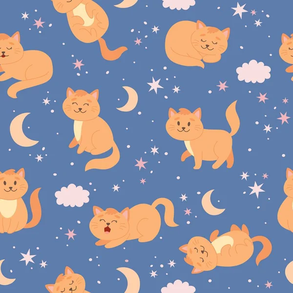 Cat pattern with moon, stars and clouds. Cute ginger cat character in cartoon style, vector illustration — Stok Vektör