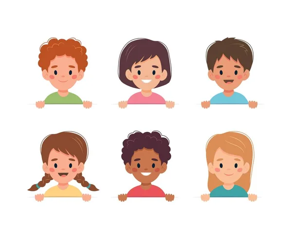 Conjunto de niños, niños y niñas de diferentes nacionalidades con una pancarta blanca. Ilustración vectorial en estilo de dibujos animados — Vector de stock