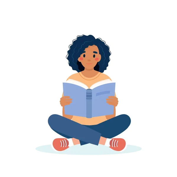 女人坐着看书。学习和扫盲日的概念。平面卡通风格的可爱矢量插图 — 图库矢量图片